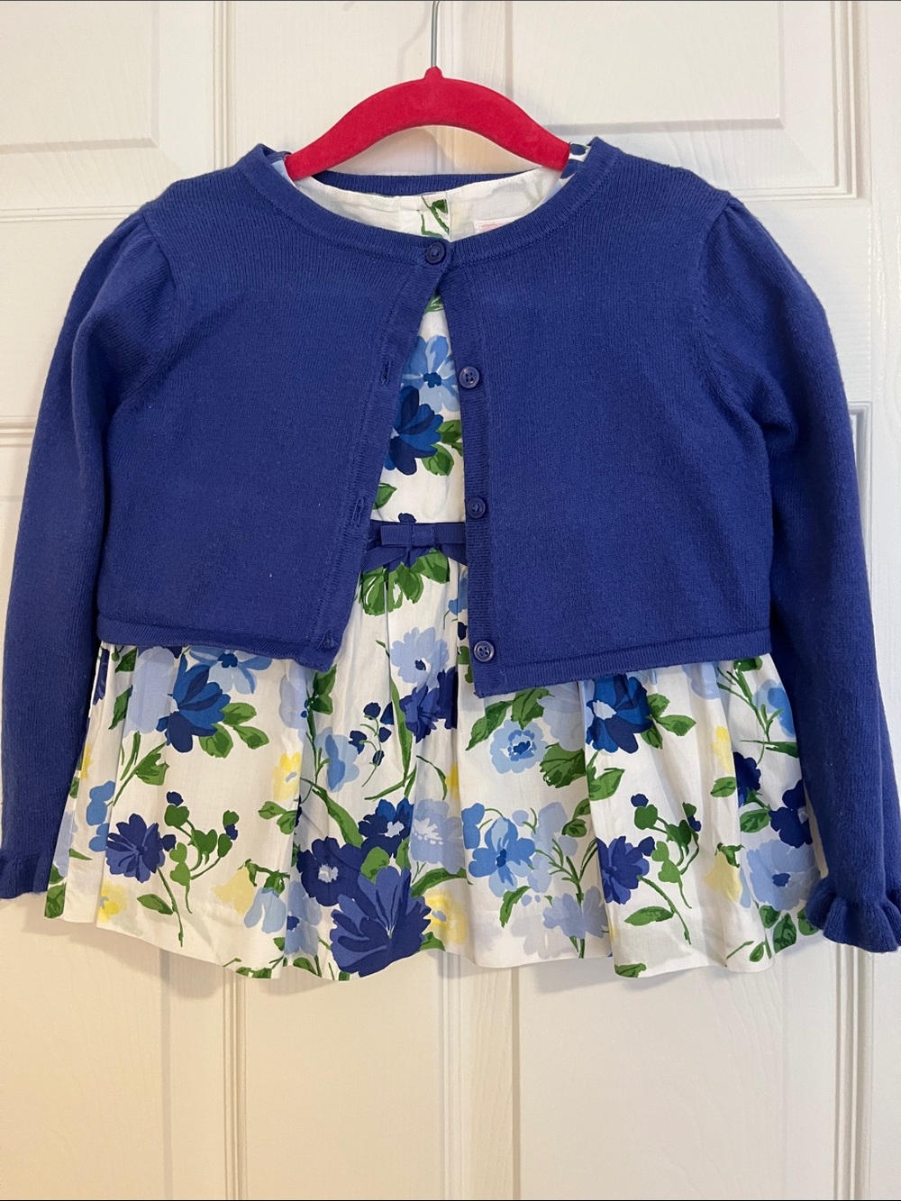 Janie & Jack Set Blue Cardigan with White Floral Cotton Babydoll Top 4